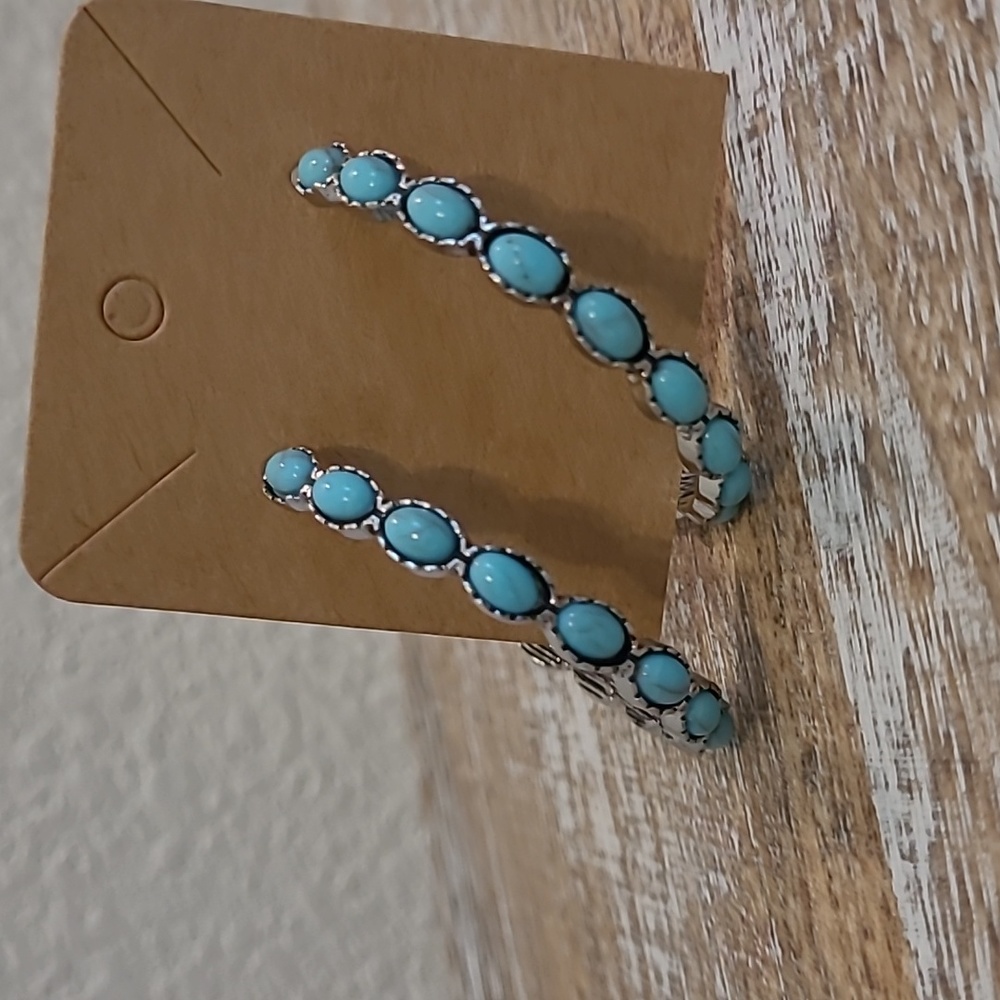 Turquoise Western Hoop Earrings Silver - Picture 3 of 4
